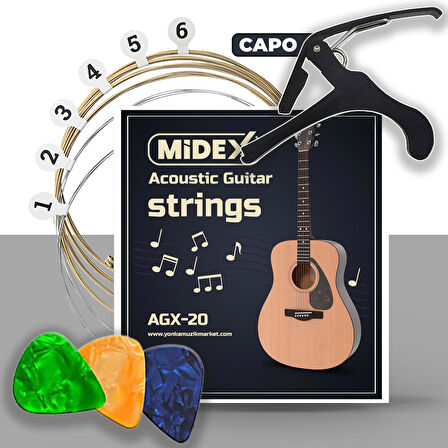 Midex AGX-20C Akustik Gitar Teli Takımı Pena ve Kapo (Capo) Seti